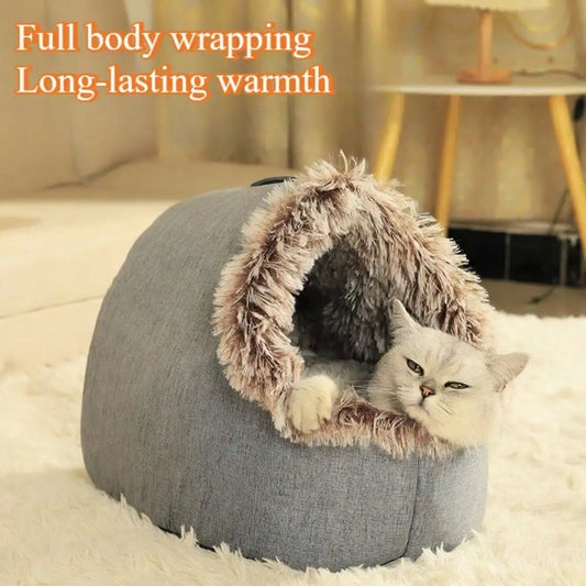 Cozy Cat Bed 1pc - Warm Enclosed Plush Cat House with Removable Cover, Winter Pet Bed, Christmas Gift