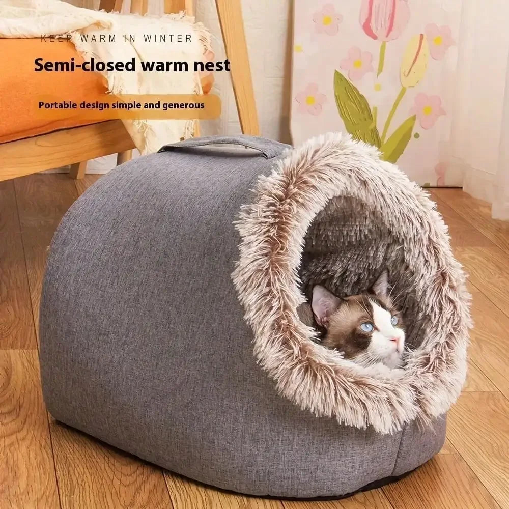 Cozy Cat Bed 1pc - Warm Enclosed Plush Cat House with Removable Cover, Winter Pet Bed, Christmas Gift