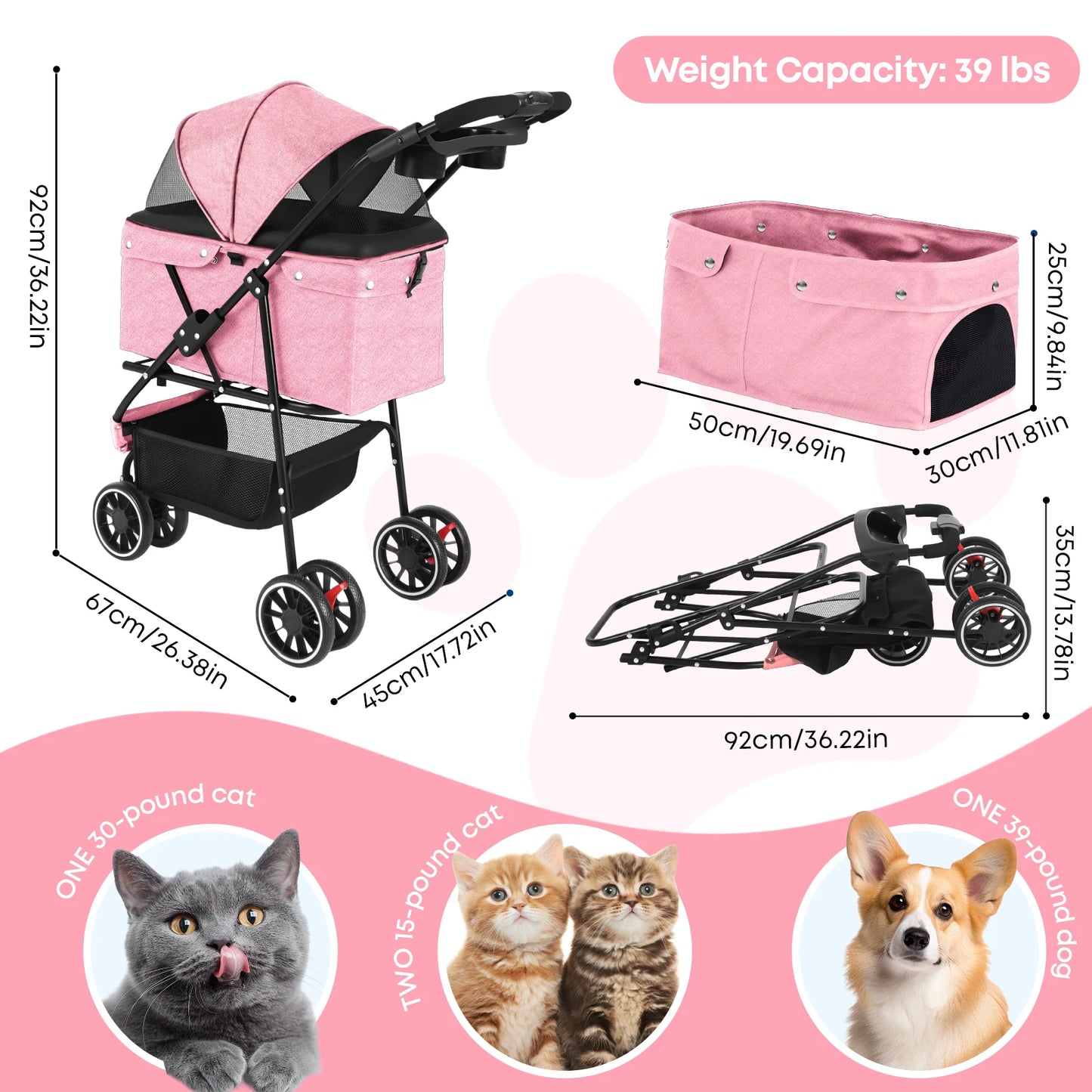 Pet Stroller For Small Puppy Dogs & Cats Travel Portable Dog Stroller  Foldable Dog Cat Carrier Strolling
